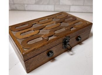 Vintage Chain And Link Dovetailed Box With Metal Hinges, Detail And Latch.