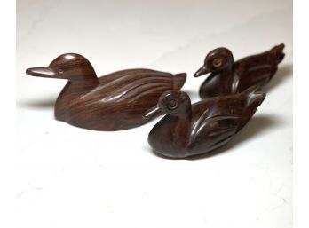 Sweet Family Of Three Carved Wood Ducks.