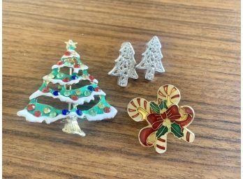 Holiday Jewelry Two Pins And Pair Of Tree Earrings