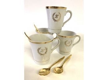 H Monogram Enoch Wedgewood Coffee Cup Mug Tunstall England Goldenware Set Of 4 With Gold Spoon