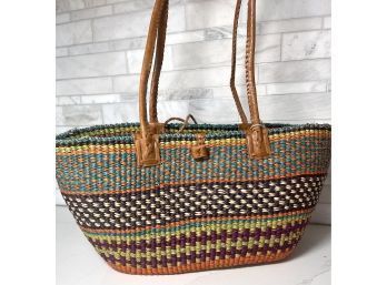 Beautiful Ghana Handmade  Basket With Rolled Leather Straps.