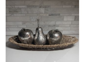 Woven Oval Basket With Silver Hammered Fruit