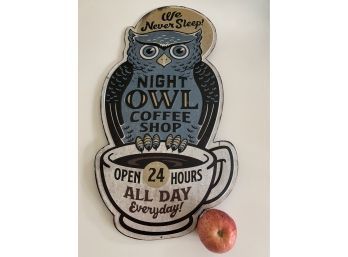 Large Metal Owl Coffee Sign 11 X 24 Inches