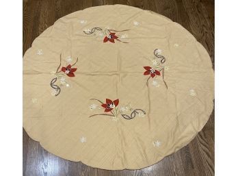 Vintage Scalloped Edge Round Tablecloth With Stitched Flowers And Sequins.