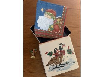 Holiday Tin Napkin Box With Holiday Brooch