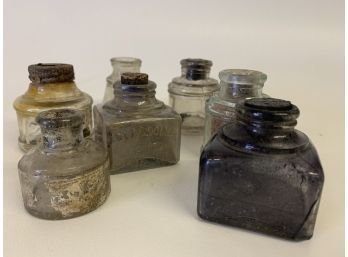 Seven Vintage Glass Ink Bottles