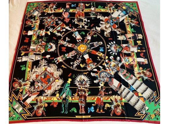 Hermes Scarf Black Kachinas By Kermit Oliver Approx 35 X 35