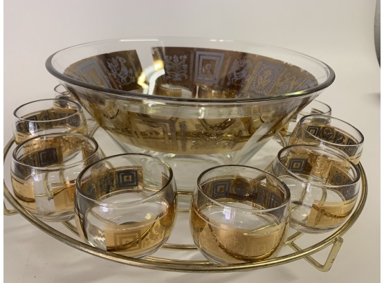 Vintage MCM Roly Poly Punch Bowl & Glasses With Brass Holder