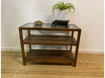 Nice Little Mid Century Shelf With Wood Wicker And Glass