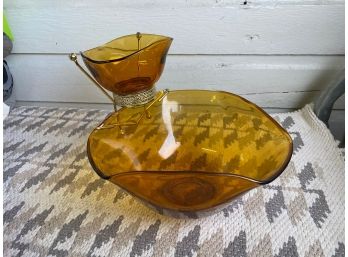 Amber Mid Century Two Level Chip And Dip Bowls