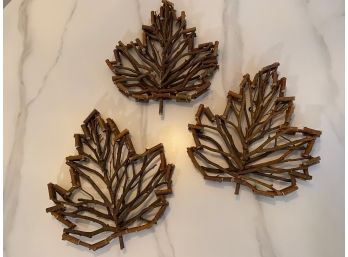 Trio Of Large Leaf Wall Decore Created With Twigs Aprox. 14 Inches