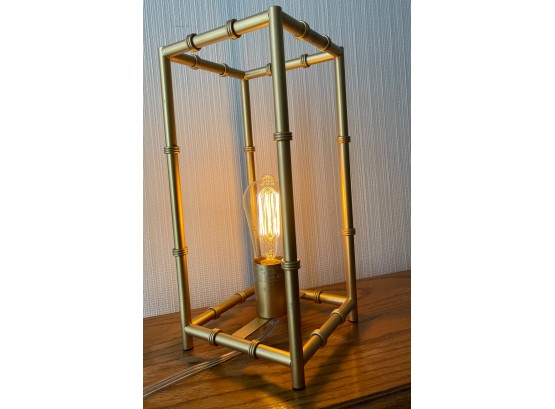Gold Framed Bamboo Lamp With Edison Bulb.