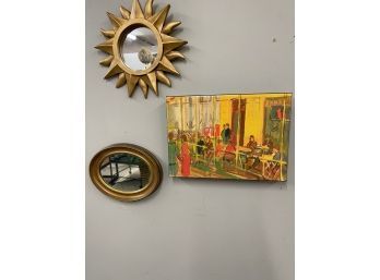 Artsy Trio: Cafe Street Scene Canvas With Burnished Gold Sunburst Mirror /oval Mirror