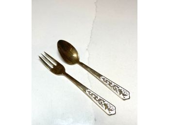 Vintage Thailand Brass Childs Fork And Spoon