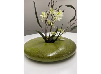 Large Ceramic Centerpiece Disc Vase With Faux Floral