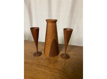 Signed Artisan Wood Decanter And Pair Of Glasses