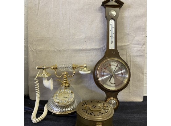 Old Dial Phone, Barometer And Brass Box