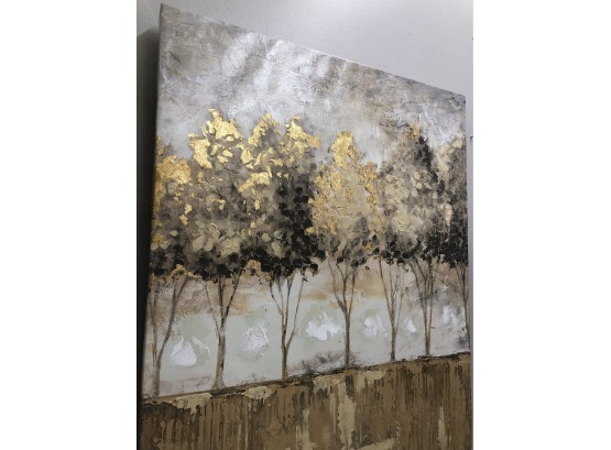Large Painted Canvas, Metallic Golden Trees.