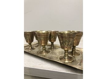 Etched Brass Platter With 6 Cordial( Shot) Glasses