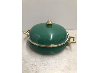 Brass Handled Green Enamel Dutch Oven With Warmer Stand And Votive Holder
