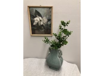 Awesome Teal Crackle Vase With Framed Vintage Artwork