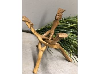 Vintage Interlocking 3-Leg Hand Carved Wooden Stand Made From One Piece, Unique!