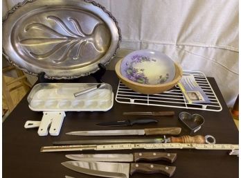 Kitchen Box Lot, Knives, Carving Tray, Etc