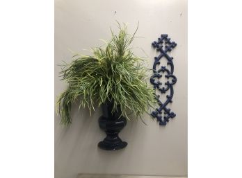 Navy Wall Duo,  1/2 Wall Vase With Grasses, And Cast Iron Architectural Piece.