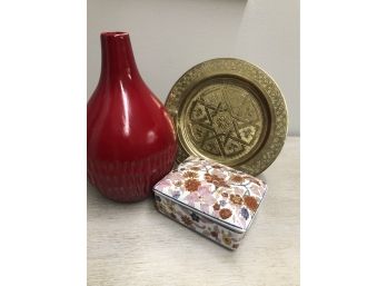 Tabletop Trio Etched Brass Plate, Vibrant Red Vase, Asian Inspired Trinket Box With Lid