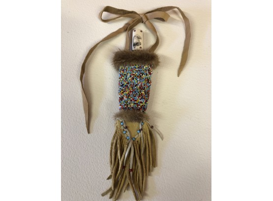 Native American Beaded Fur & Leather Shealth With Knife