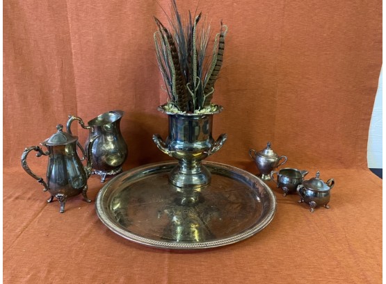 Large Silver Service Including Ice Bucket And Tray