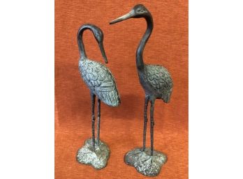 Set Of 2 Metal Crane Sculptures Approximately 17.5 Inches Tall