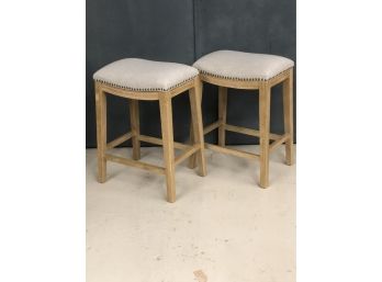 Counter Stools X 2,  Linen Upholstery With Nailheads, Classic And Confortable