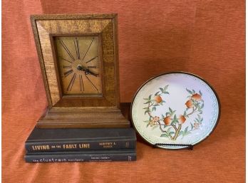 Antique Clock, Fenton Dish And Two Books