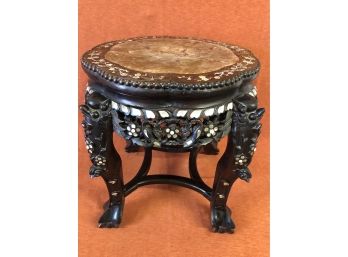 Antique Asian Hand Carved Wooden Stand With Marble Top And Mother Of Pearl Inlay