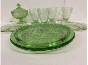 Vintage Misc. Green Glasses, Plates, Trivit And Candy Holder