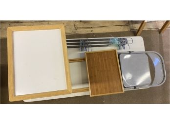 Basement Box Lot- Two Tv Tables, Folding Chair & 5 Metro Shelf Sides