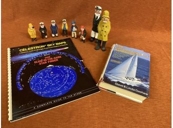 Wooden Carved Sea Figures, Circumnavigators Book, And Star Guide
