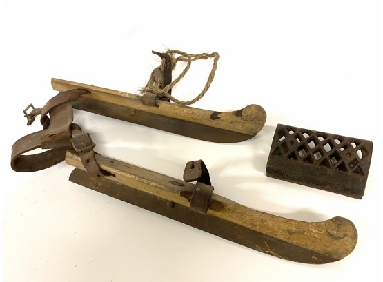 Antique Pair Of Wooden Skates And Skate Sharpener