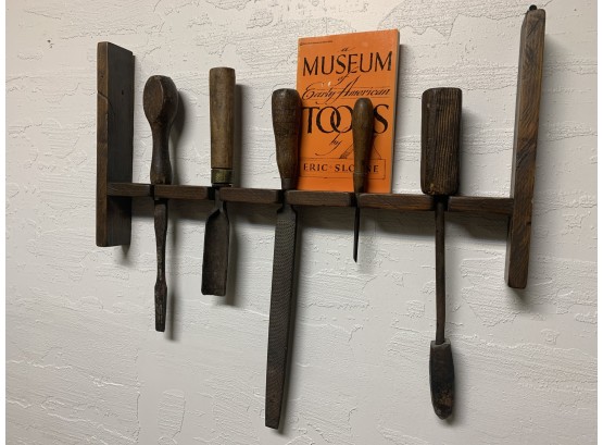 Set Of  Five Antique  Hand Tools Wall Mounted With Bonus Book