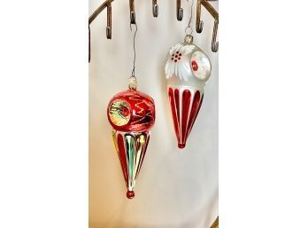 Vintage Blown Glass Ornaments.  Pair Of Sphere Drops With Reflectors.
