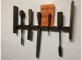 Set Of  Five Antique  Hand Tools Wall Mounted With Bonus Book