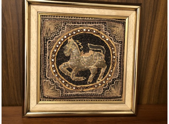 Framed Sequins Embroidered Horse Wall Hanging Approximately  15 X 15 Inches