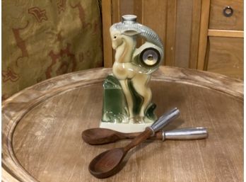 Vintage Jim Beam Decanter And Wood And Pewter Serving Spoons