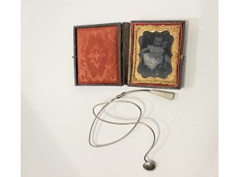Antique Baby Photo In A Leather Box And Artisan Pin