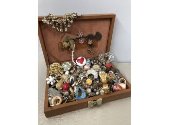 Mixed Lot/ Vintage Costume Jewelry Pieces And Parts With Jewelry Box