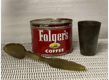 Old Horn Cup And Spoon And Fogers Tin