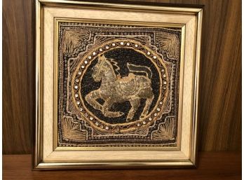 Framed Sequins Embroidered Horse Wall Hanging Approximately  15 X 15 Inches