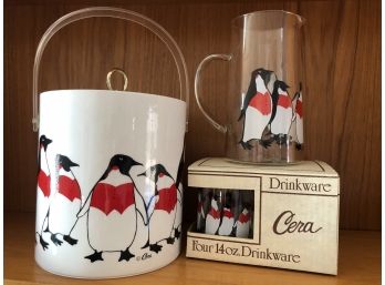 Mid Century Penguin Ice Bucket, Pitcher & Old Fashioned Lowball Glasses By Cera