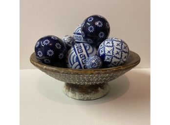 Stoneware Bowl Of Delft Style Blue And White Balls